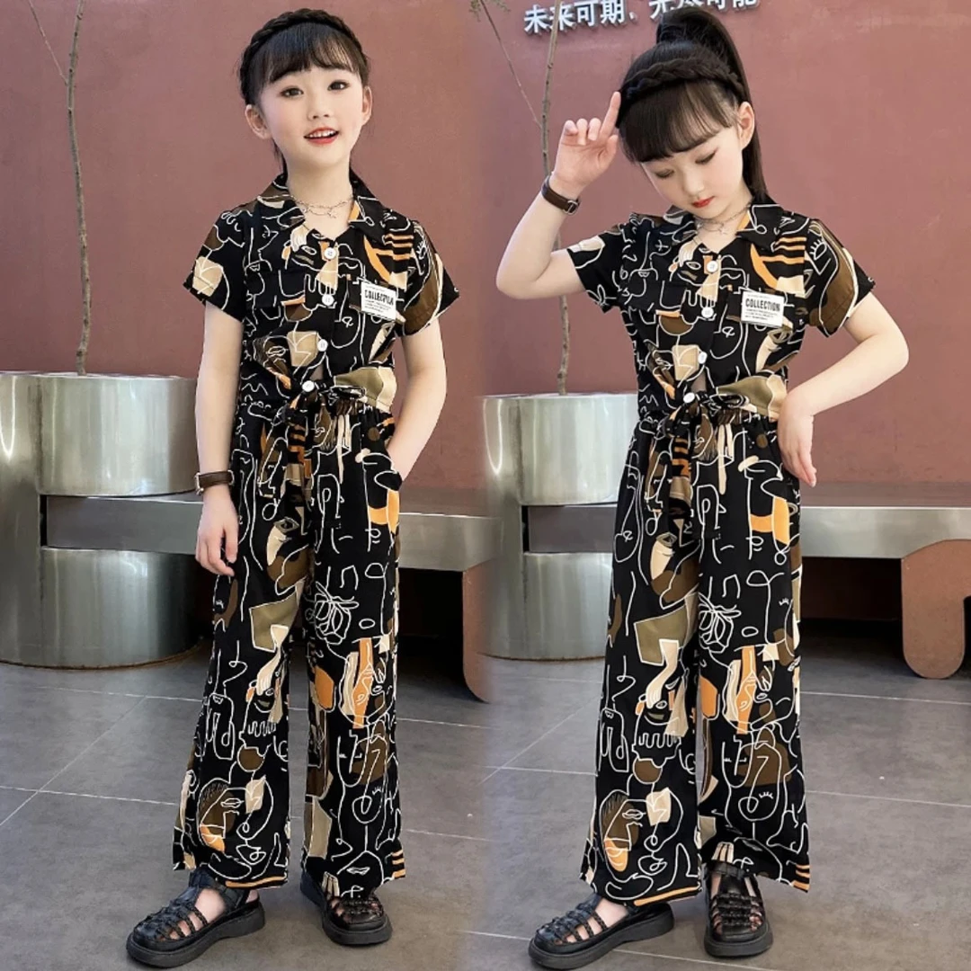 女童夏季套装2025新款洋气时尚短袖衬衫阔腿裤两件套儿童网红套装