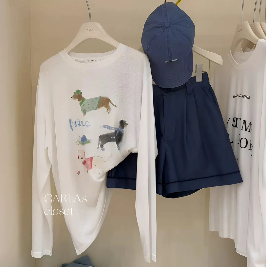 运费险）韩系奶黄卡通小狗雪花棉上衣夏季宽松防晒长袖罩衫T恤ins