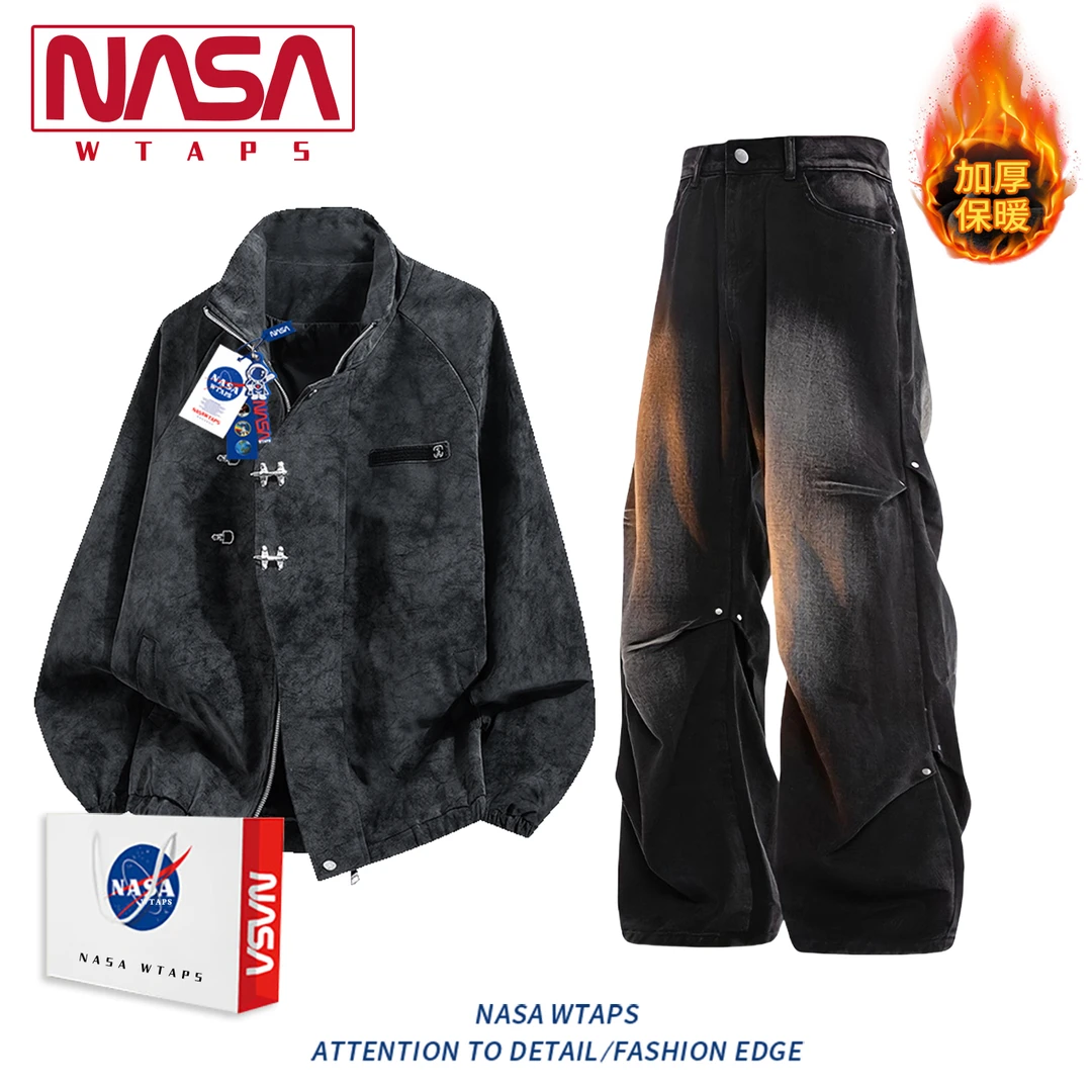 NASA WTAPS美式扎染加绒保暖皮夹克休闲套装男款秋冬潮穿搭两件套