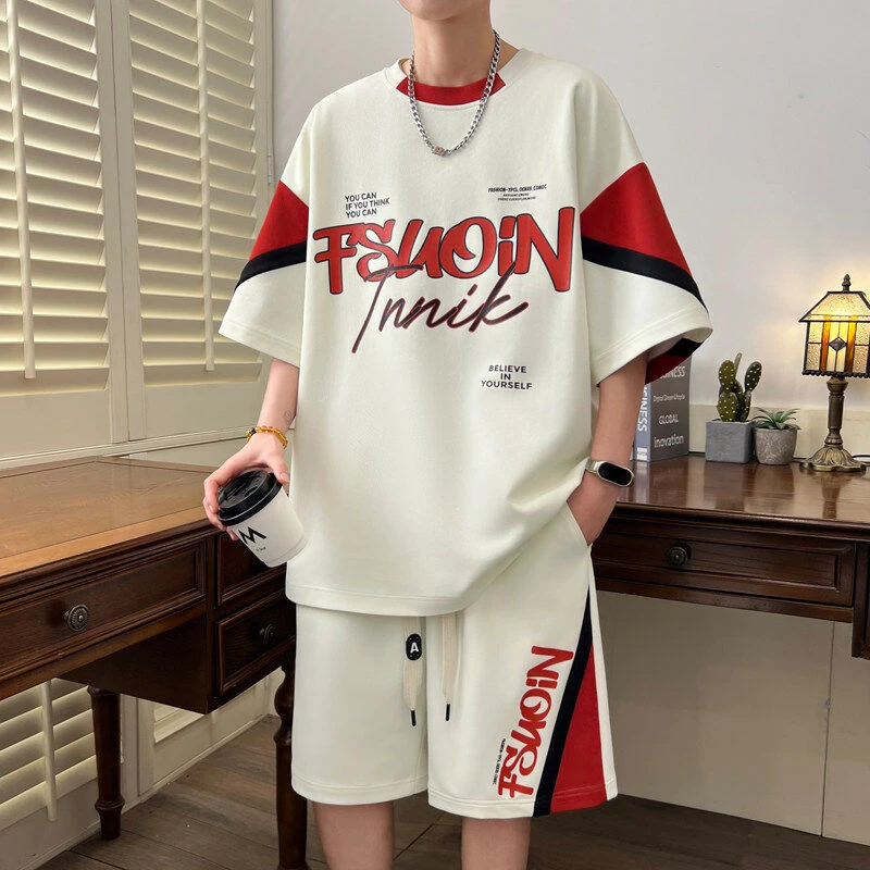 青少年短袖休闲套装男孩潮牌2025夏季宽松圆领学生半袖运动两件套