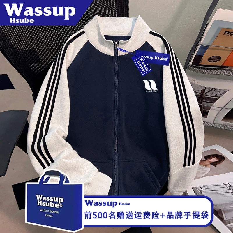 WASSUP HSUBE炫酷创意印花外套秋冬拉链立领开衫男女款休闲风卫衣