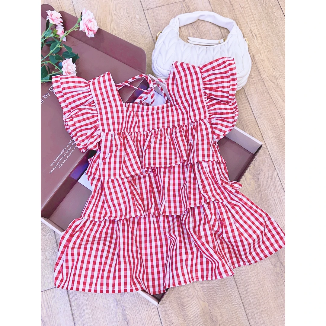 丨夏季新款格子三层拼接系带飞飞袖衬衫 YZ355