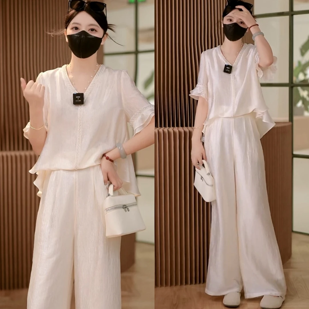 2025夏季新款时尚高级感遮肚子显瘦上衣高腰阔腿裤休闲两件套装女