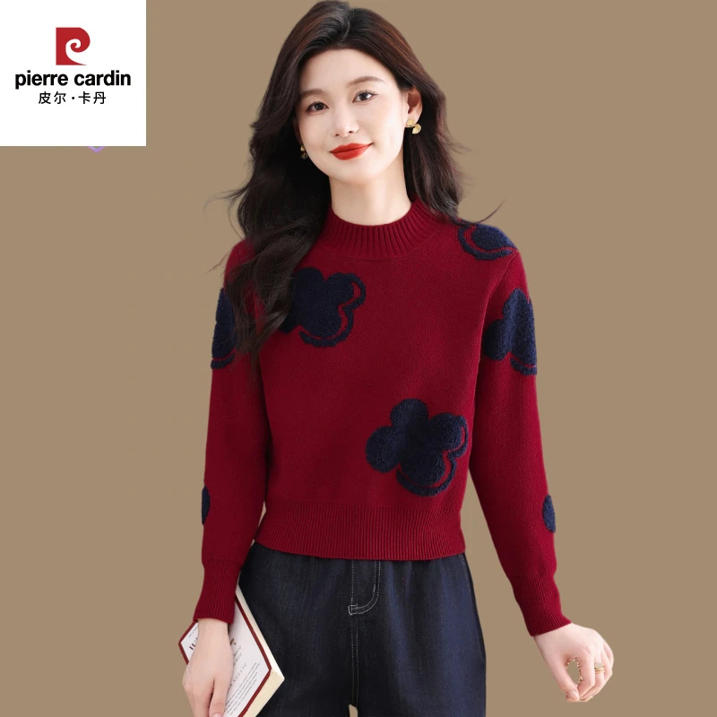 皮尔卡丹小款圆领毛衣女秋冬提花羊毛上衣短款小个子针织衫洋气内