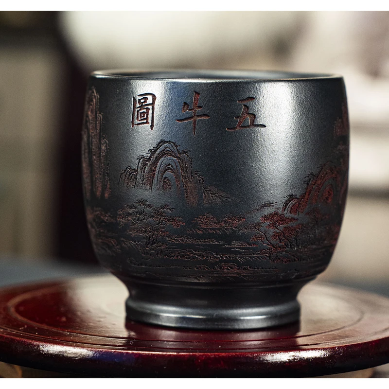 6812宜兴紫砂手工刻绘五牛图石黄主人杯GQF