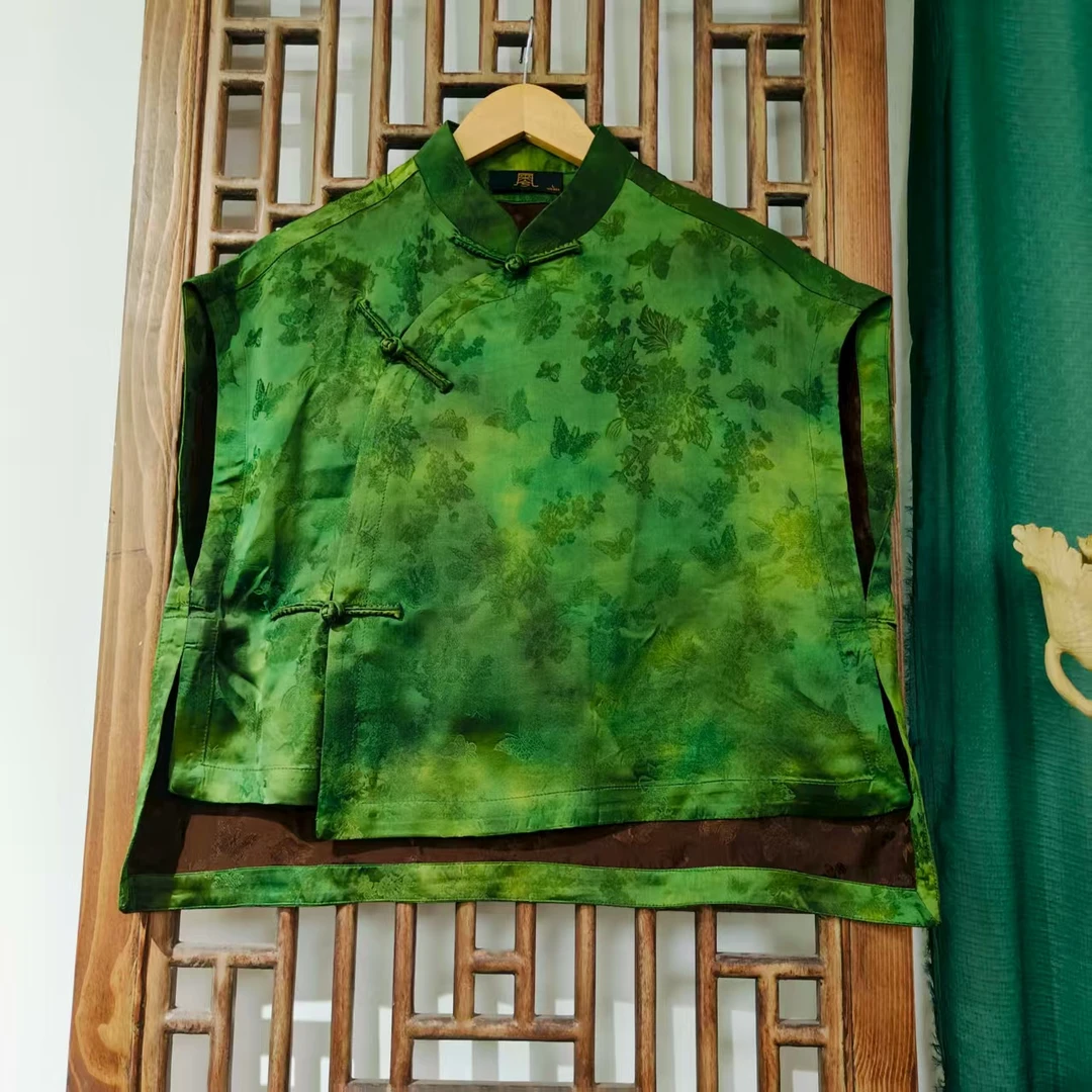 (LS597-30) 凤徕兮私人定制绿色香香暗纹底斜襟盘扣无袖短上衣