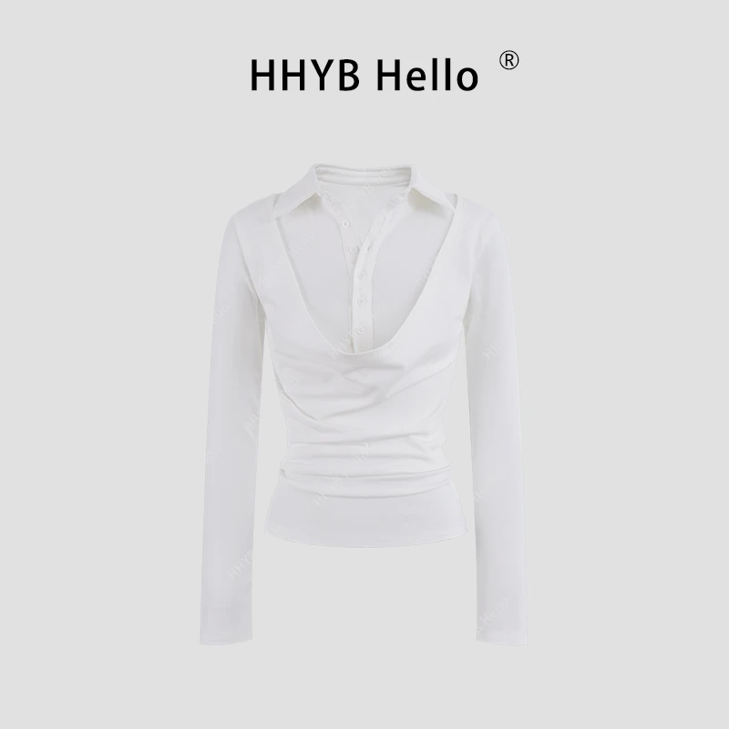 HHYB Hello【2025春季新款】简约荡领假两件修身长袖T恤上衣250166