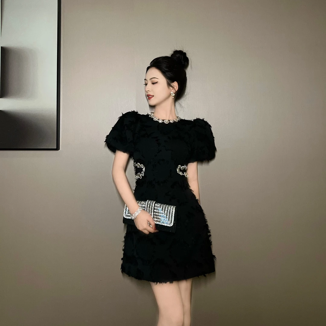 Pretty小众设计师品牌江江定制 法式气质甜妹黑色收腰连衣裙20660