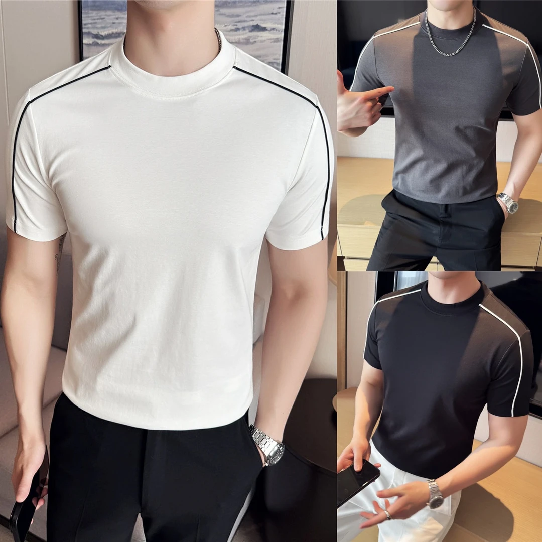夏季透气棉男士休闲撞色拼接上衣时尚圆领短袖T恤衫男修身高级感