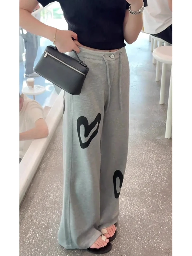 美式涂鸦爱心印花休闲运动裤女春秋糯米抽绳直筒垂感灰色云朵裤子