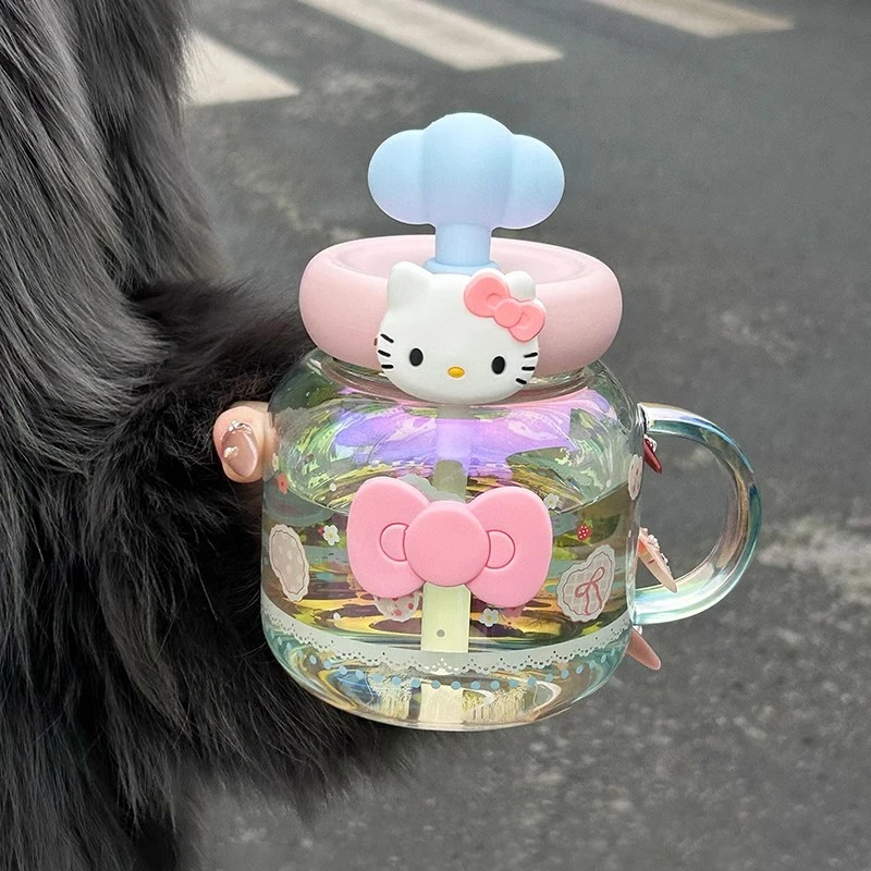 HelloKitty玻璃杯女生高颜值2025新款大容量吨吨吸管大肚杯带手柄