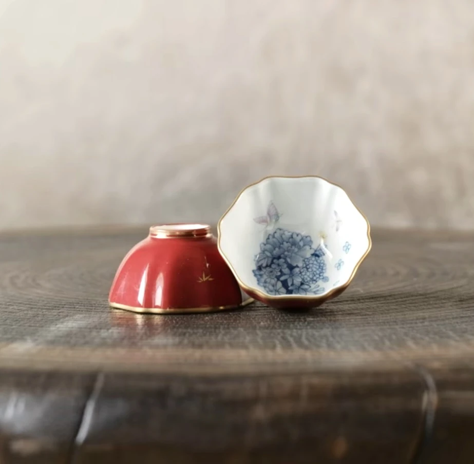 华隐堂  【蓝絮蝶影】玫瑰红蝶恋花六方杯  主人杯家用杯单个茶具