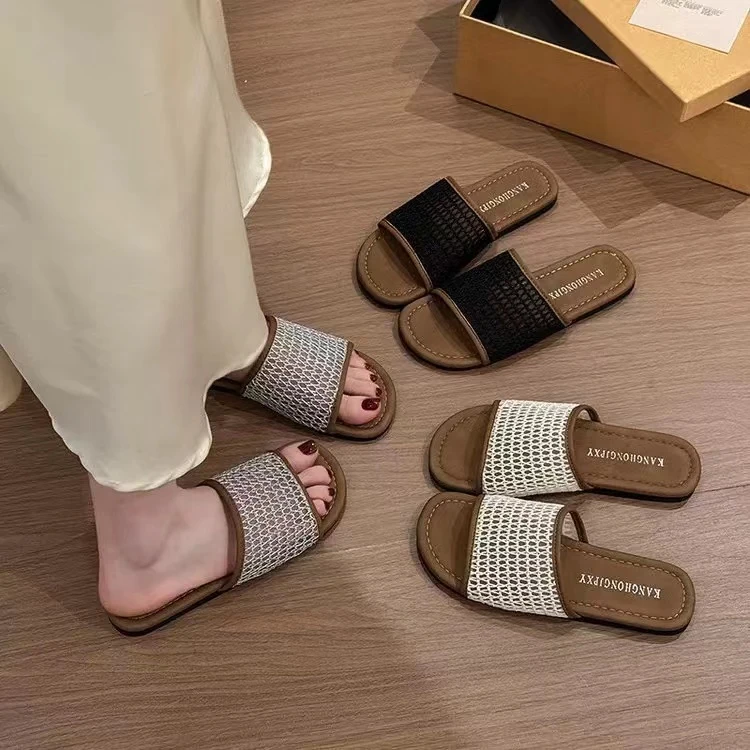 夏休闲款法式拖鞋女新款配裙子仙女风拖鞋A08(平底一字拖)