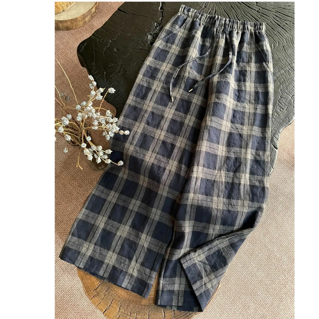 【子溪说衣】色织亚麻松紧腰格子长裤DGPP-kz9801