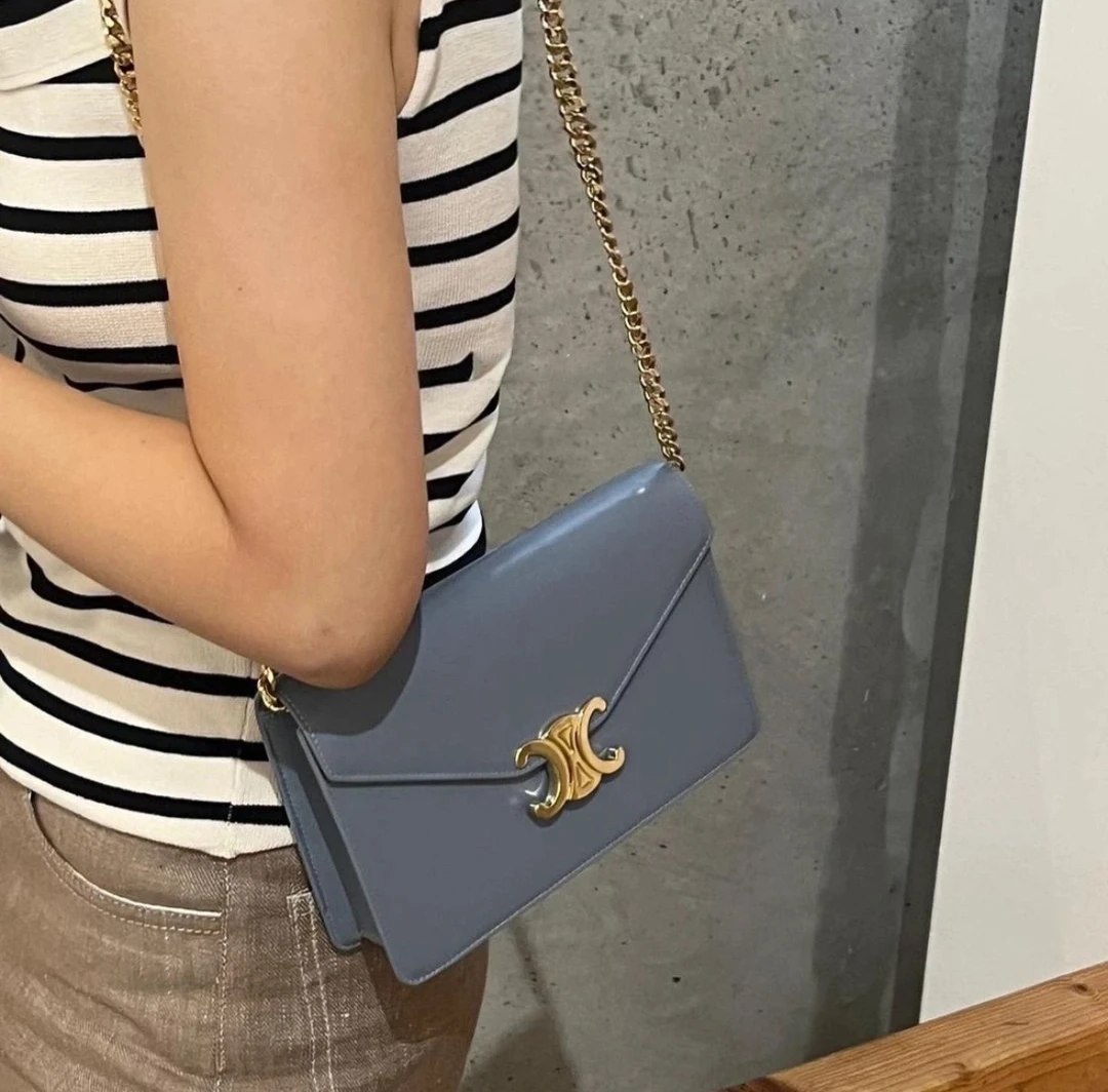 99新 Celine/思琳 4834 蓝灰色金标凯旋门信封单肩包