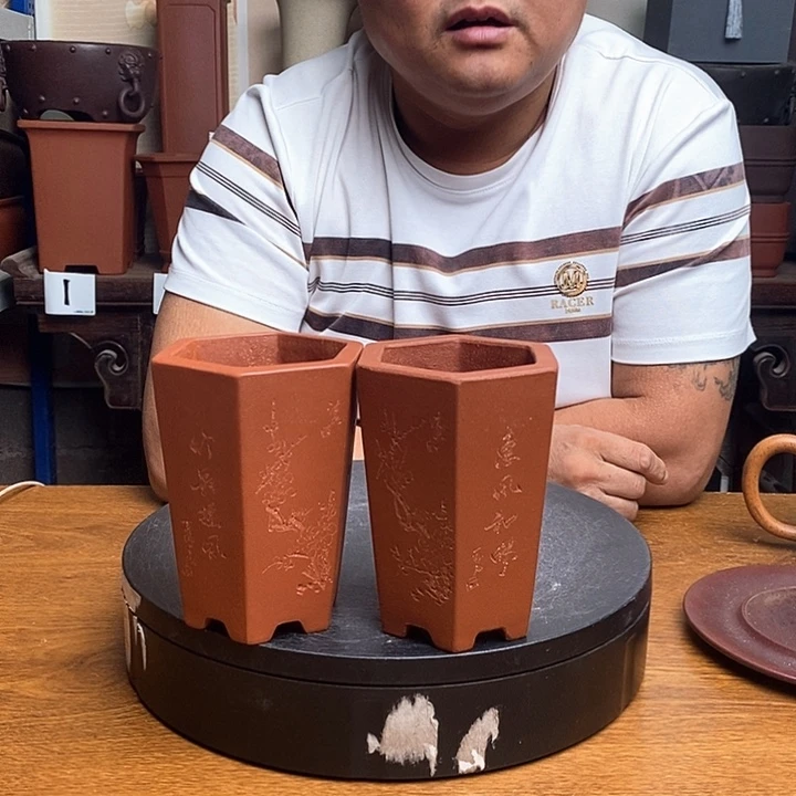 紫砂花盆货号一只两个刻绘