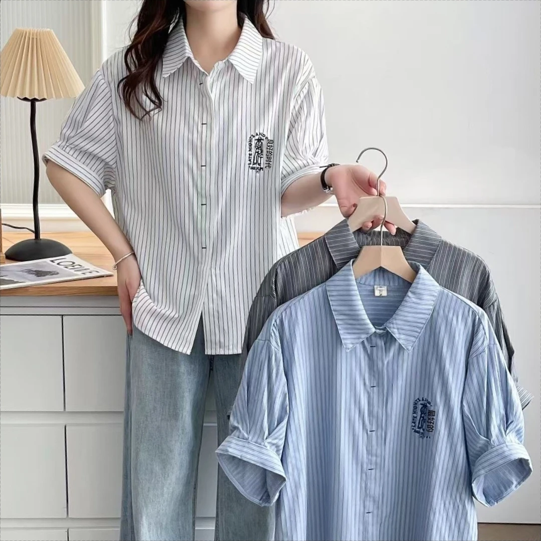 2025夏季新款POLO领蓝色条纹衬衫女宽松百搭正肩上衣昊长袖衬衫女