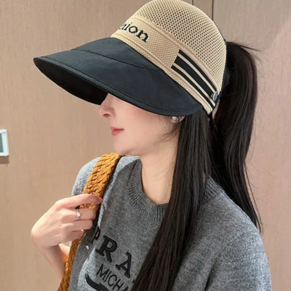 镂空透气空顶可扎高马尾防晒帽女户外出游宽檐遮阳帽显脸小大帽檐