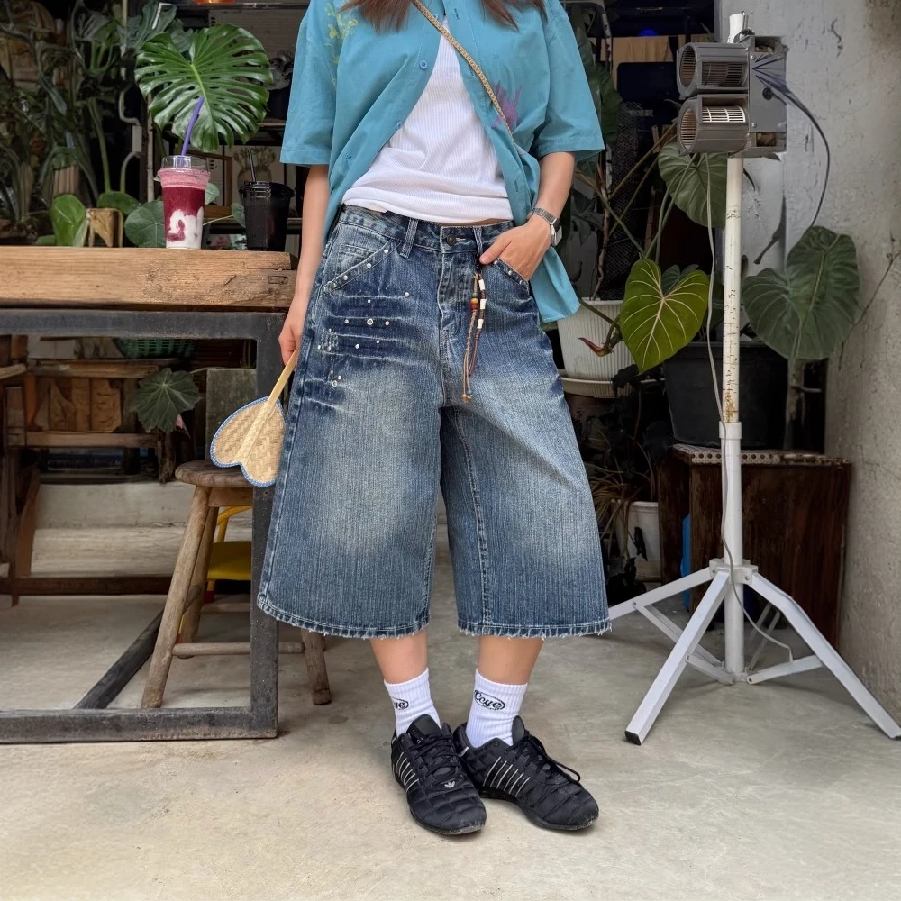 大码美式高街直筒牛仔裤女夏季新款设计感宽松显瘦高腰阔腿七分裤