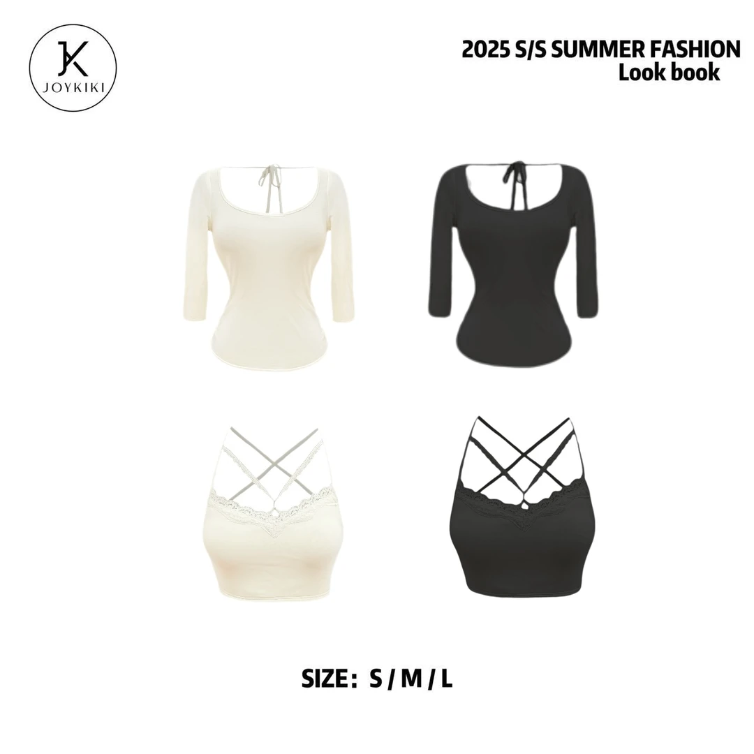 JOYKIKI金金【告白初恋】气质纯欲拼接蕾丝绑带上衣套装J25B392