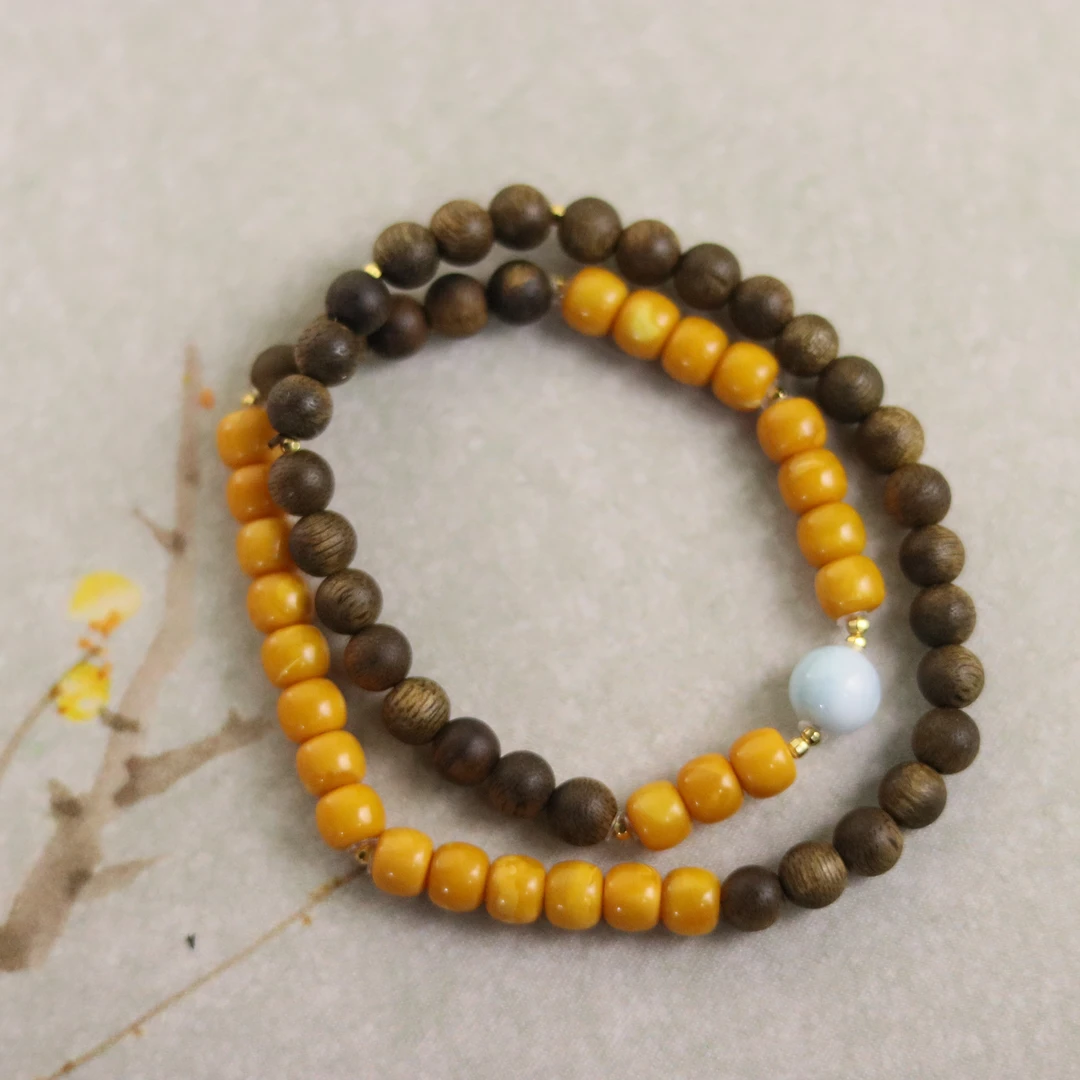 沉香ZC10A18874[原创]沉香蜜蜡双圈手串（多样性发货)