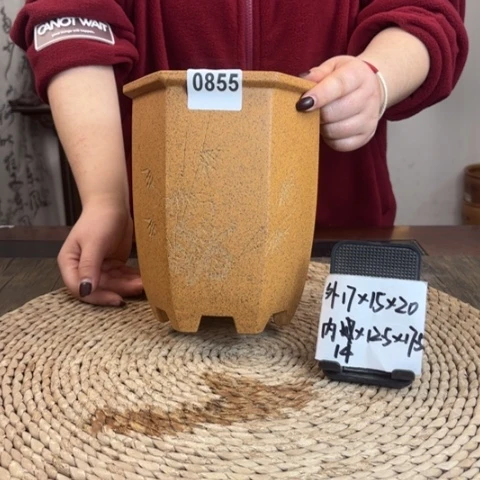 紫砂花盆柴烧窝角宫灯六方0855