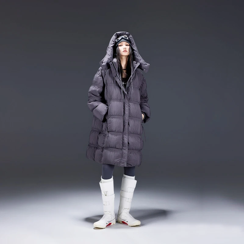 壹缺潮牌褶皱羽绒服加厚保暖冬季过膝长款连帽90白鸭绒外套D53026