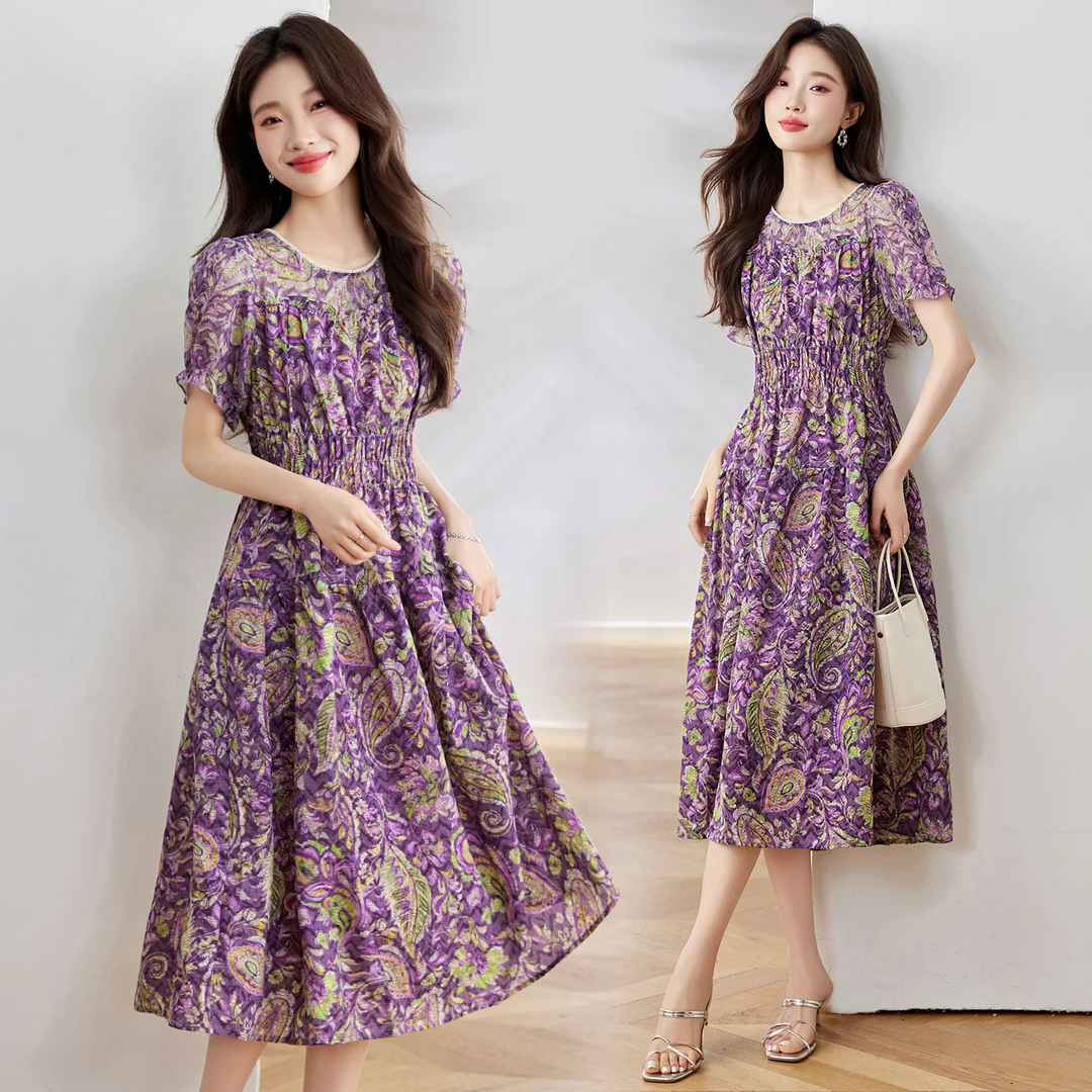法式复古碎花连衣裙女2025年夏季新款时尚气质收腰显瘦中长款裙子