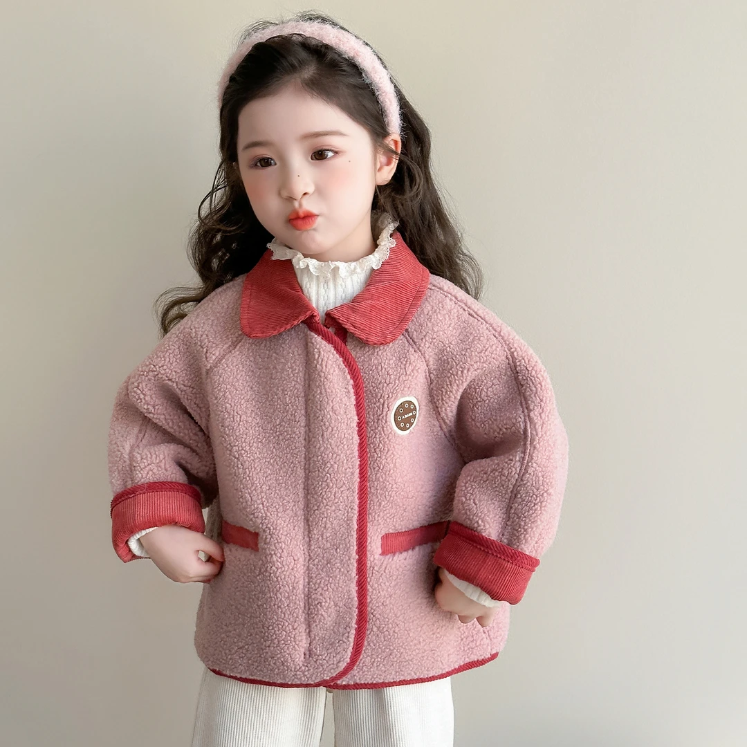 女童外套2025秋冬儿童条绒小翻领皮毛一体加厚羊羔绒休闲宝宝上衣