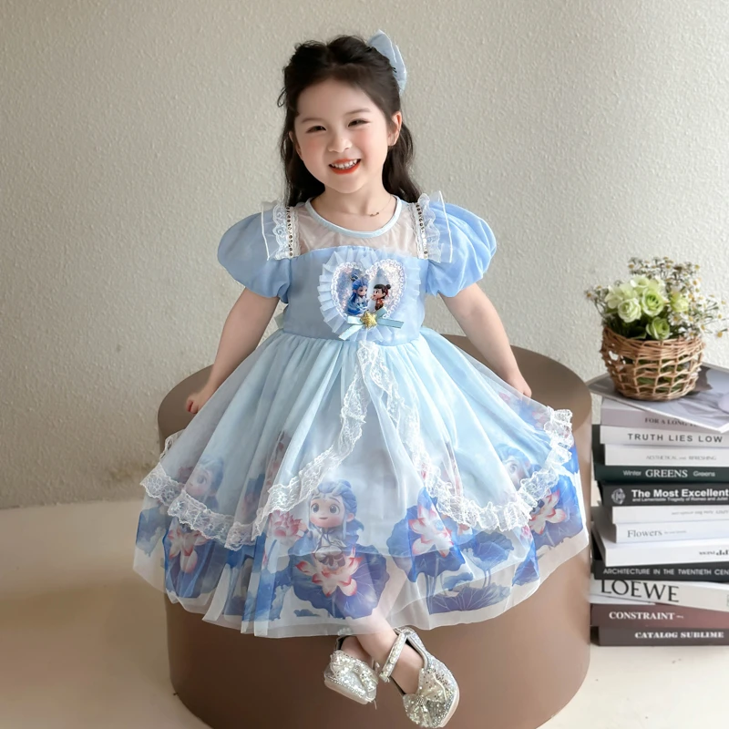 女童夏季新款哪吒网纱裙小姑娘可爱魔童连衣裙时髦甜美短袖公主裙