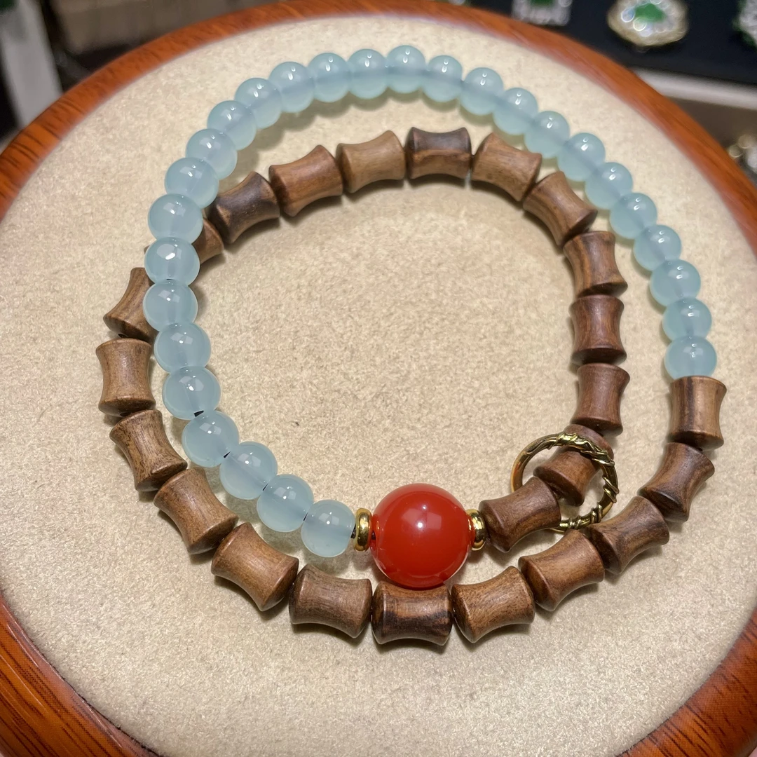 精品黄花梨竹节冰晴双圈双拼手串鸿运当头无礼盒- M009