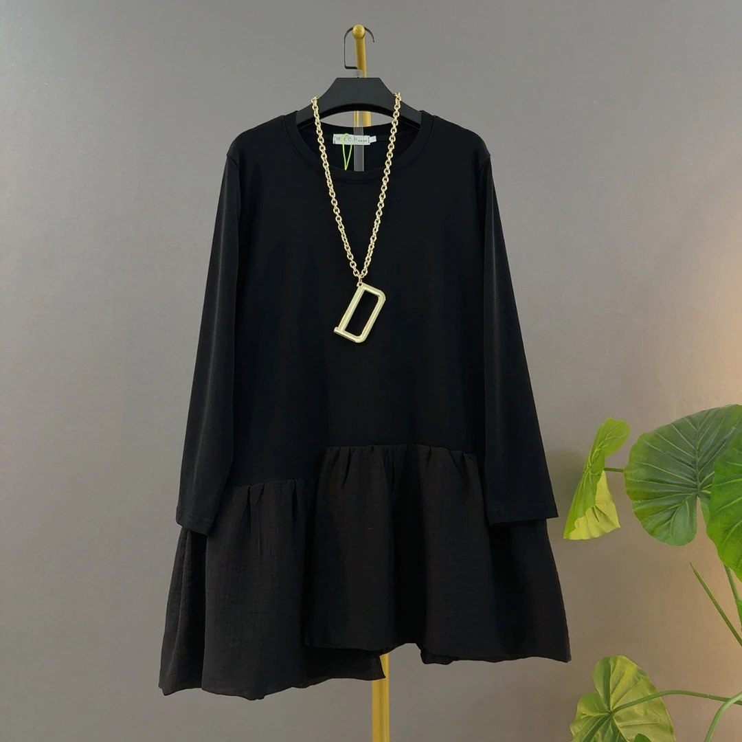 胖妹妹新款时尚圆领拼接不规则底摆宽松遮肉洋气长袖大码纯色上衣