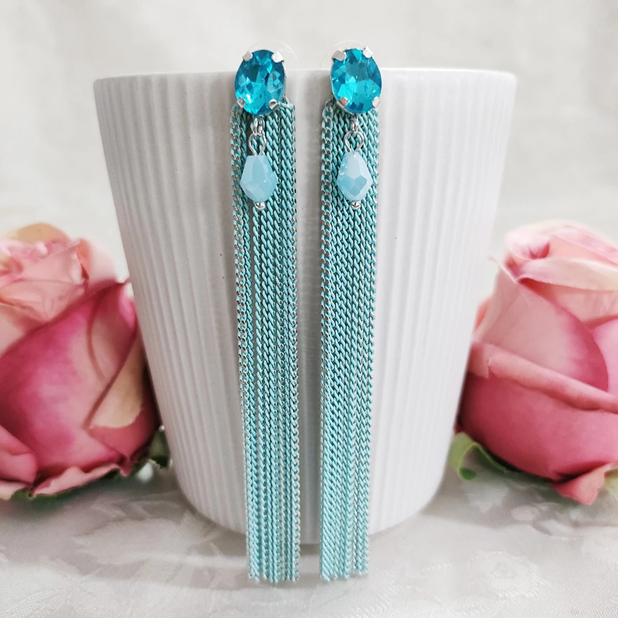 铜合金玻璃耳饰 民族风浅蓝手工长款流苏耳环1269