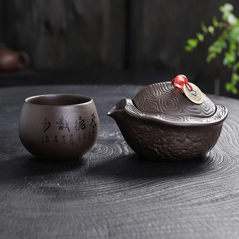 紫砂茶壶富甲一方手抓壶原矿紫砂盖碗泡茶壶单壶龟壳创意摆件茶具
