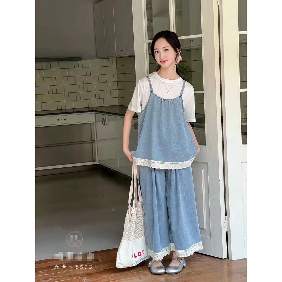 85031  夏款短袖吊带花边牛仔八分裤三件套