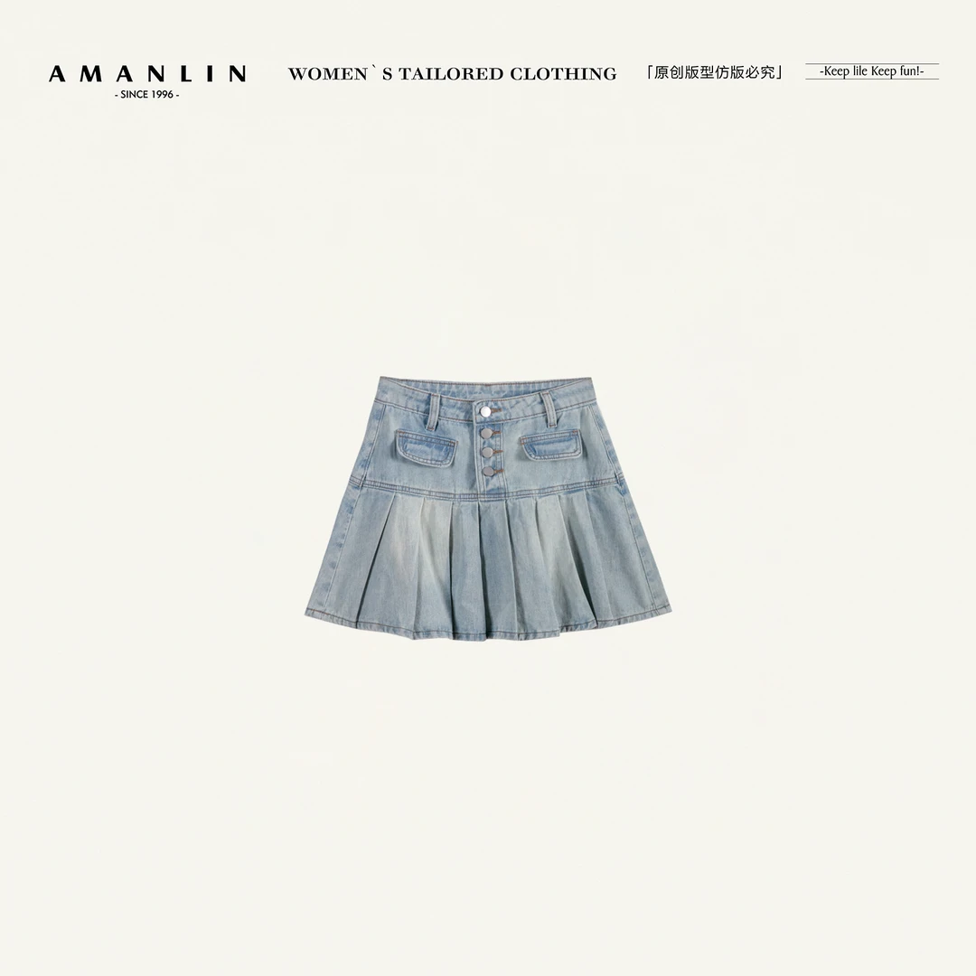 AMANLIN/阿谩琳欧若风高腰牛仔半身裙女士夏排扣短裙半裙D598316