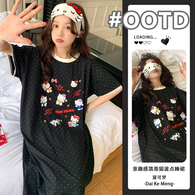 ins韩系减龄卡通凯蒂猫短袖睡裙女网红风夏天休闲可外穿家居服