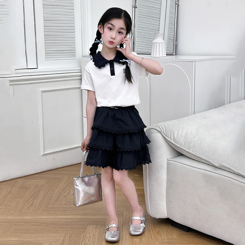2025夏季套装学院风休闲百搭POLO短袖女童T恤甜美风中大儿童上衣