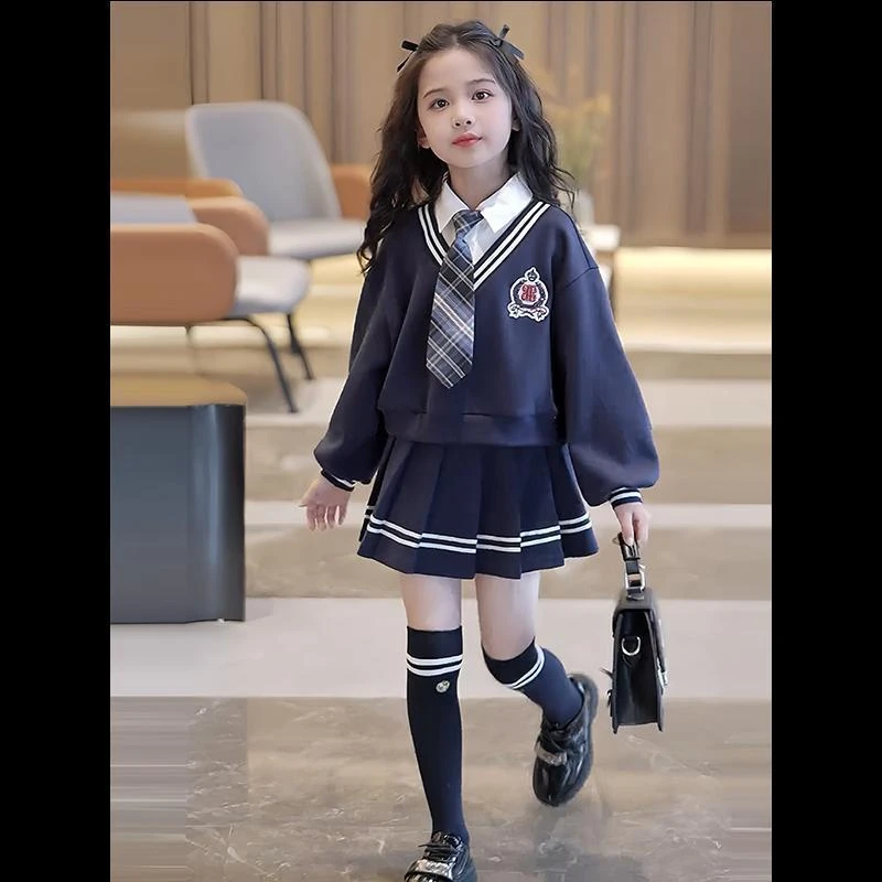 女童假两件套装裙子春秋2025新款春装儿童学院风女孩百褶裙两件套