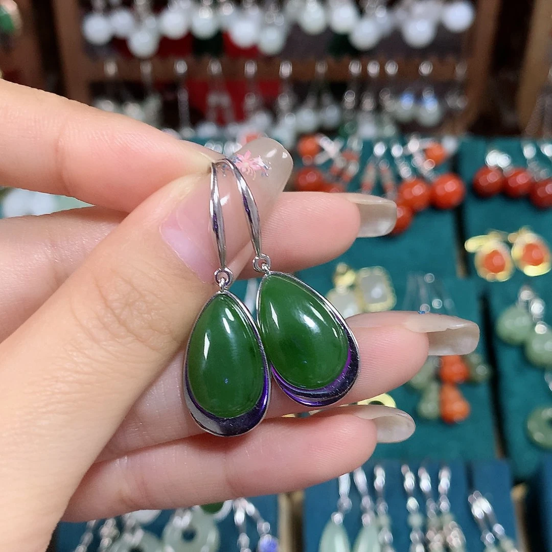和田玉（碧玉）耳饰银S925镶嵌水滴