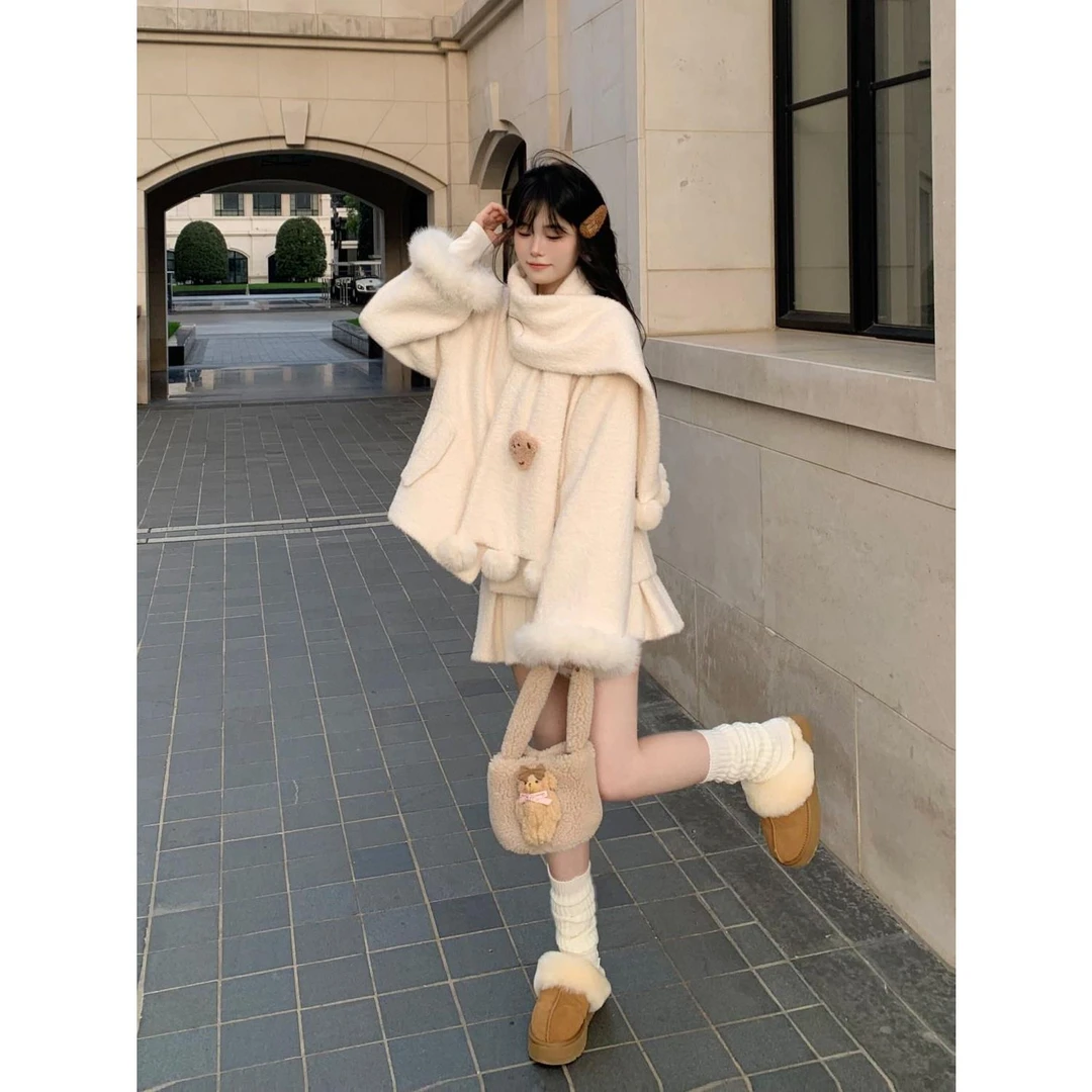 甜美可爱加绒外套半裙套装冬日学院小个子叠穿两件套