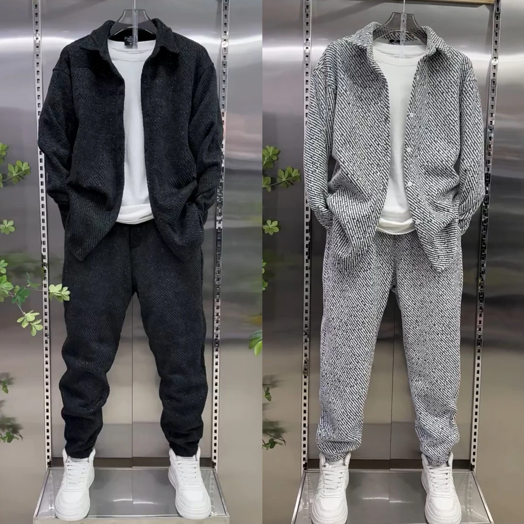 春秋新款衬衫套装时尚宽松男士上衣休闲裤一整套休闲衬衣长裤套装