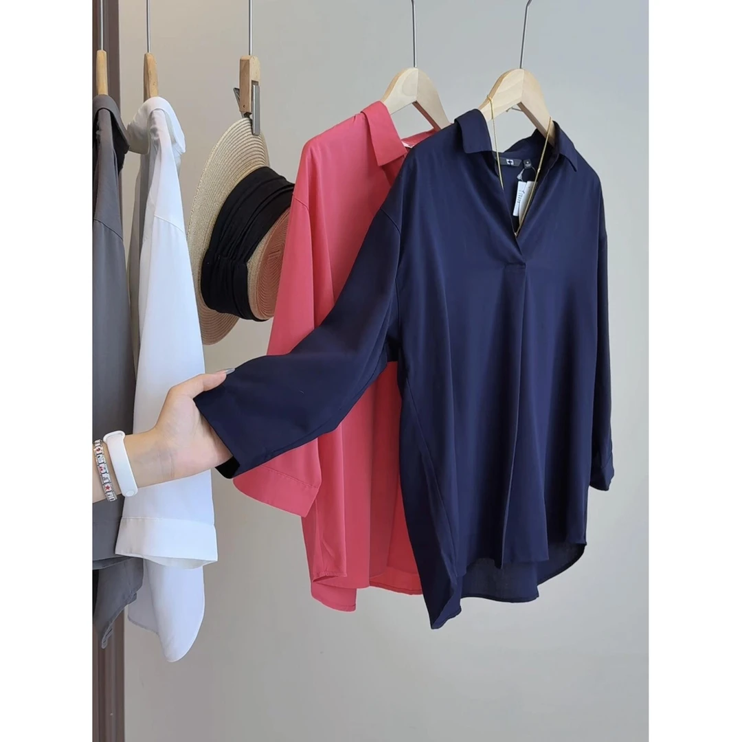 日系女装休闲花式半开领衬衫通勤纯色7分袖衬衫