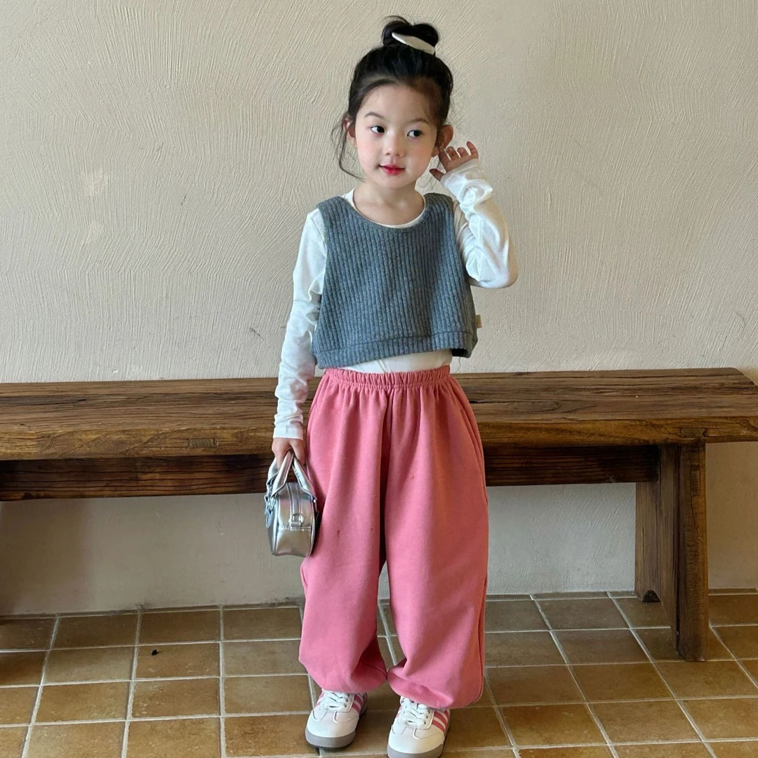 小惜亦2025秋季新款韩版女童灰色背心仿天丝打底衫粉色卫裤套装