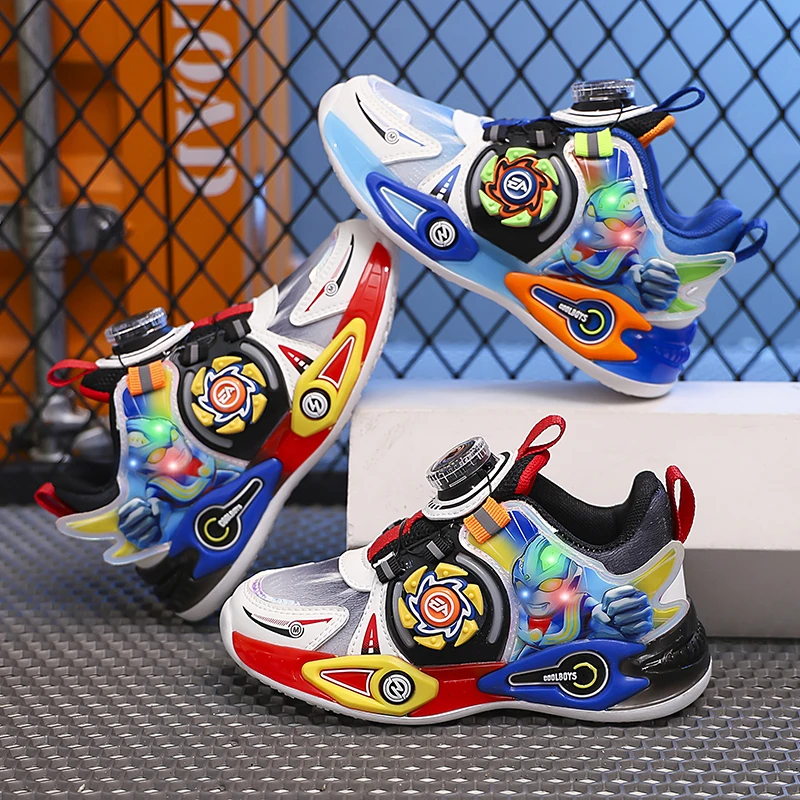 奥特曼男童鞋子旋转纽扣男孩网面运动鞋软底防滑儿童球鞋透气双网