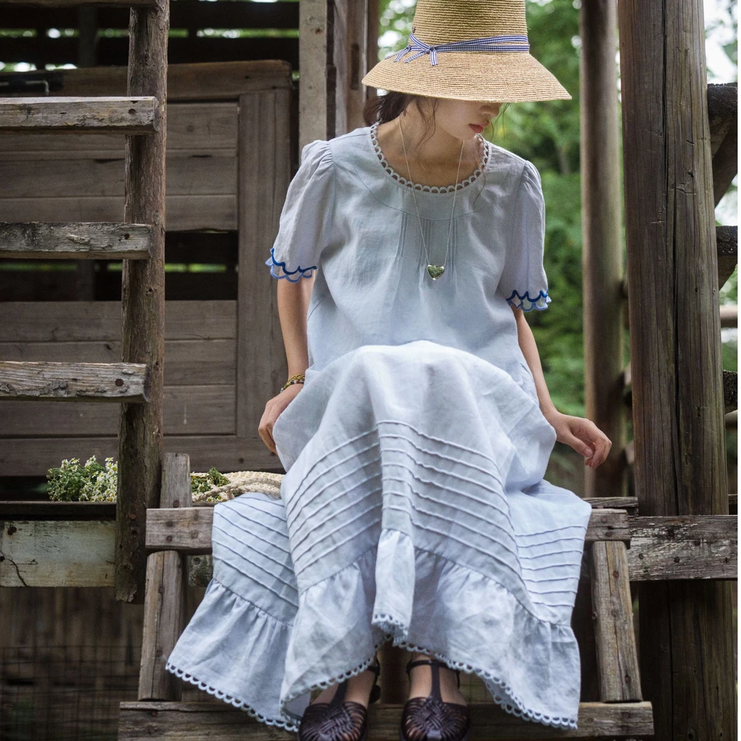 「白描工作间」"罗佩诗集"100苎麻法式精致波浪花边娃娃衫/半身裙