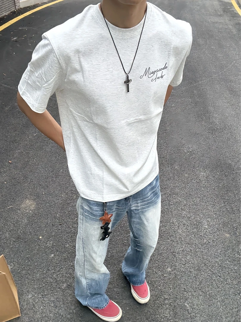 美式复古花卉图案印花纯棉短袖T恤男重磅高街宽松百搭圆领上衣