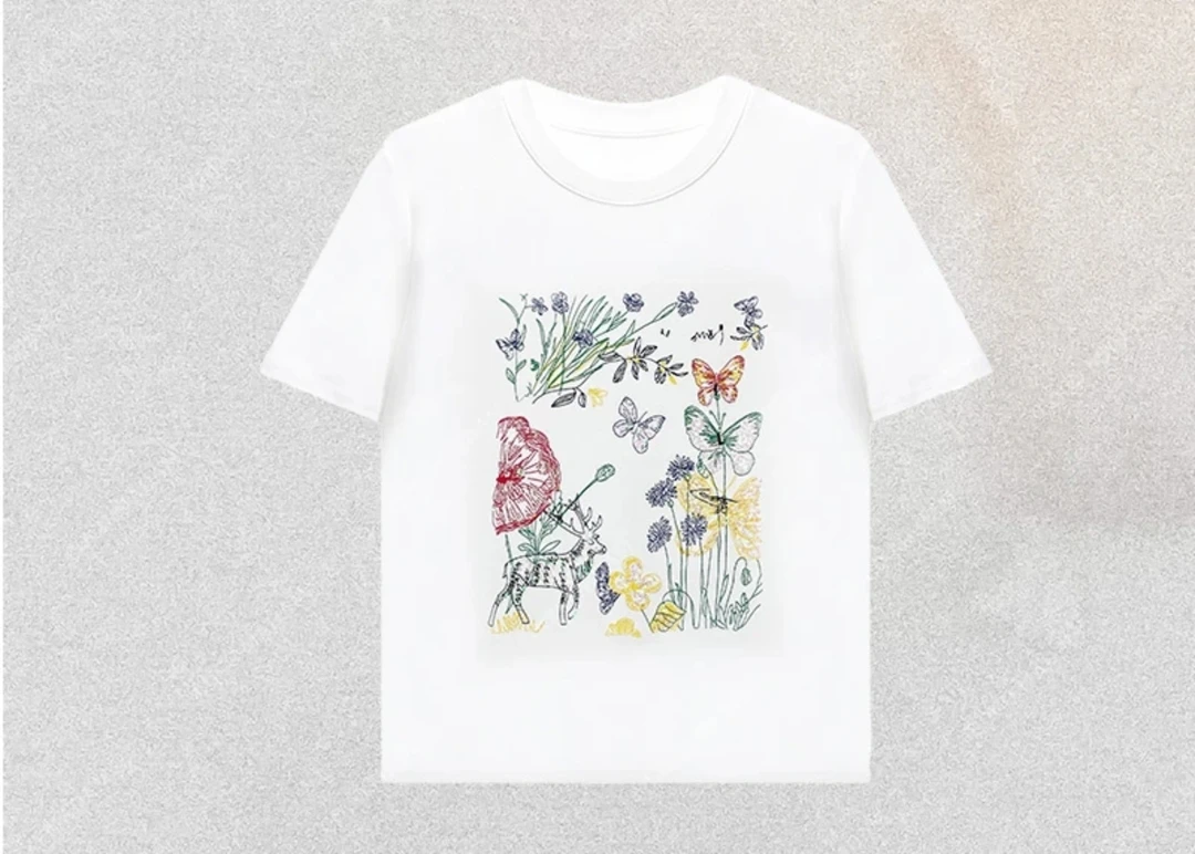 25212（地1）T恤潮流套头常规圆领刺绣女士漂白油画风抗皱时尚