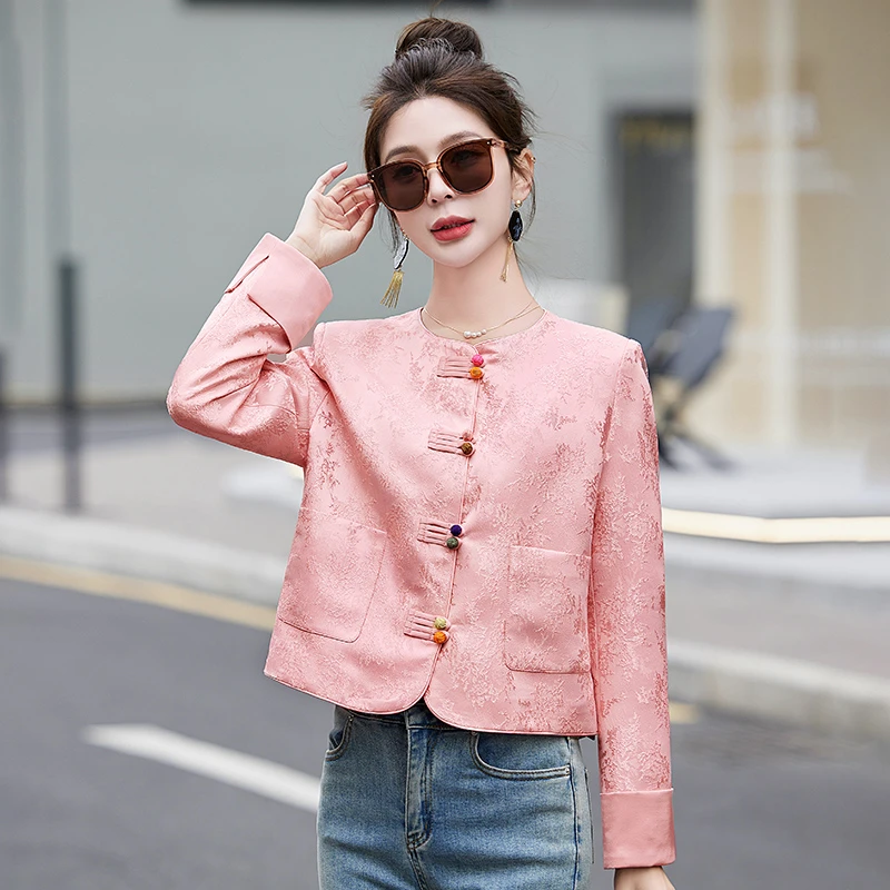 秋季不起球春季立领短外套宽松型女提花时尚中国风