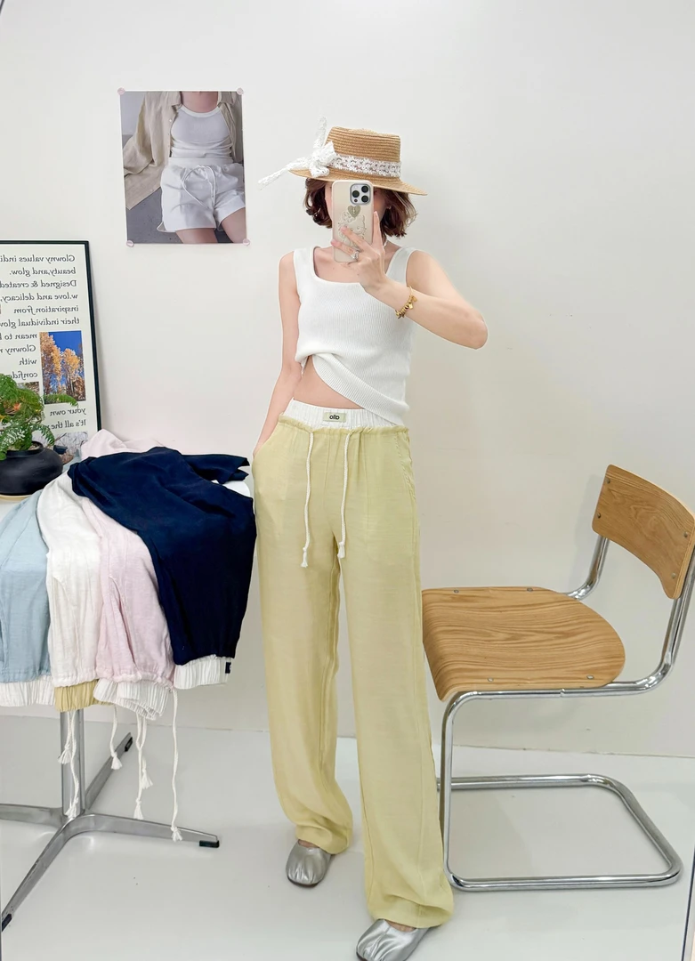 鹅~夏季新款抽绳高腰雨露麻垂感凉凉拖地直筒裤26137